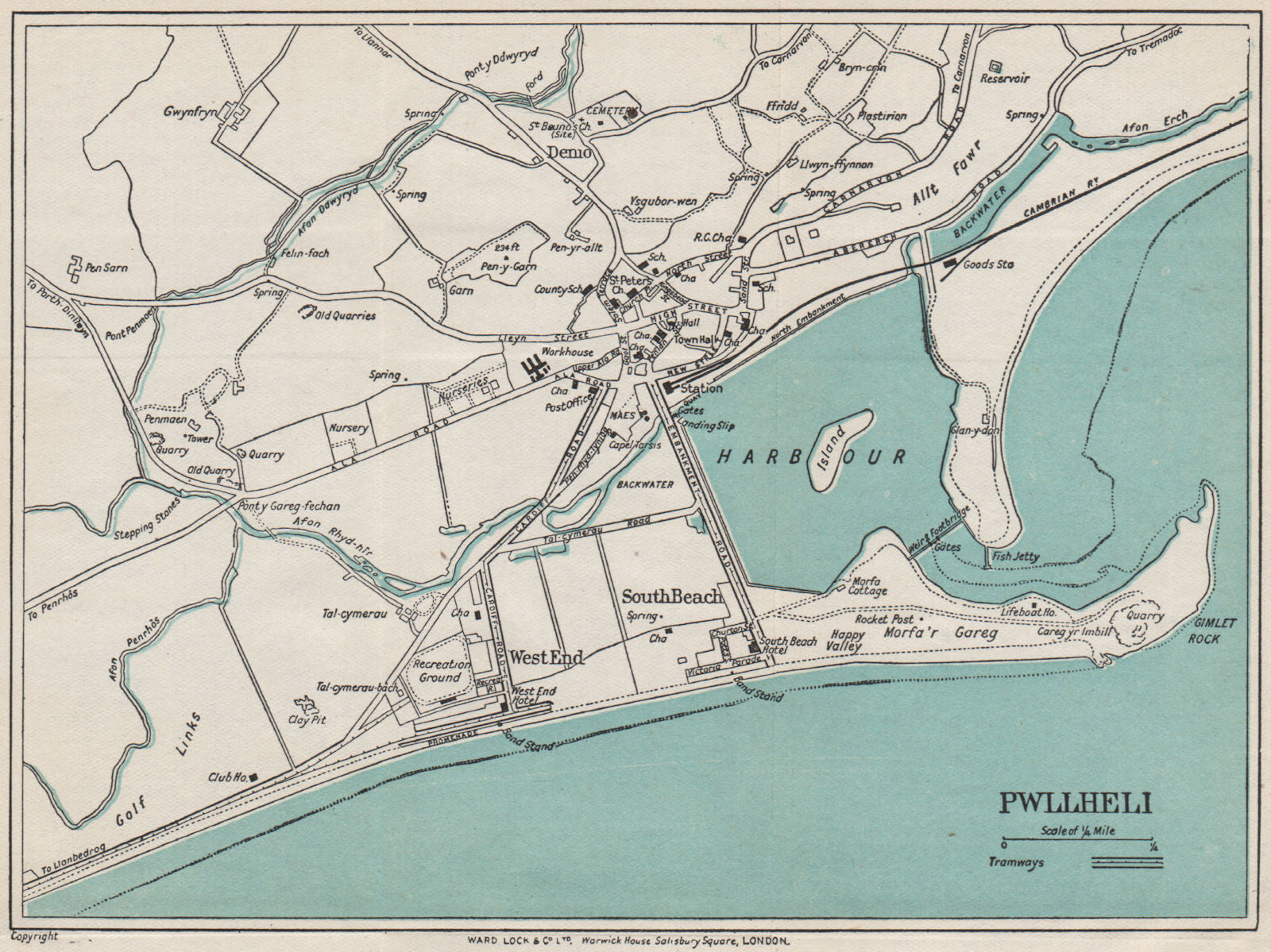 PWLLHELI vintage town/city plan. Wales. WARD LOCK 1913 old antique map chart